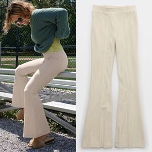 AERIE • Cream Oat Groove-On Rib Ribbed Pull On Velour Flare Pants